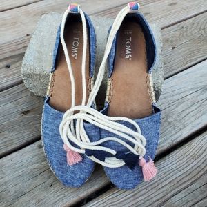 Toms Women's Katalina Chambray Ankle Ties Fabric Espadrilles Flats size 10